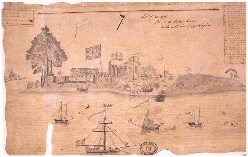 Historical drawing with four different sized sailing ships on the sea in front of an island. There is a fort as well as a factory on the island, the Union Jack flying above. There is also a seal and handwriting, unreadable, on the drawing.